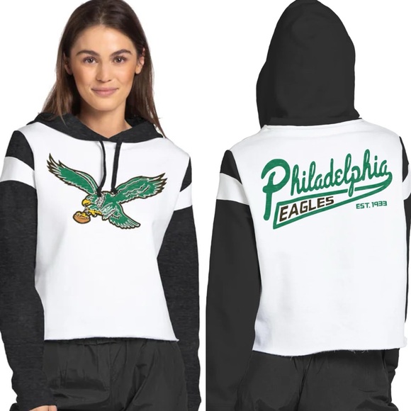 Junk Food Clothing Tops - •JUNK FOOD• White & Black Philadelphia Eagles Cropped Fleece Pullover Hoodie
